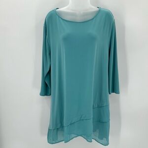 Zenana Tunic Top Womens 2X 3/4 Slv Layered Asymmetrical Hem Blue Flowy READ
